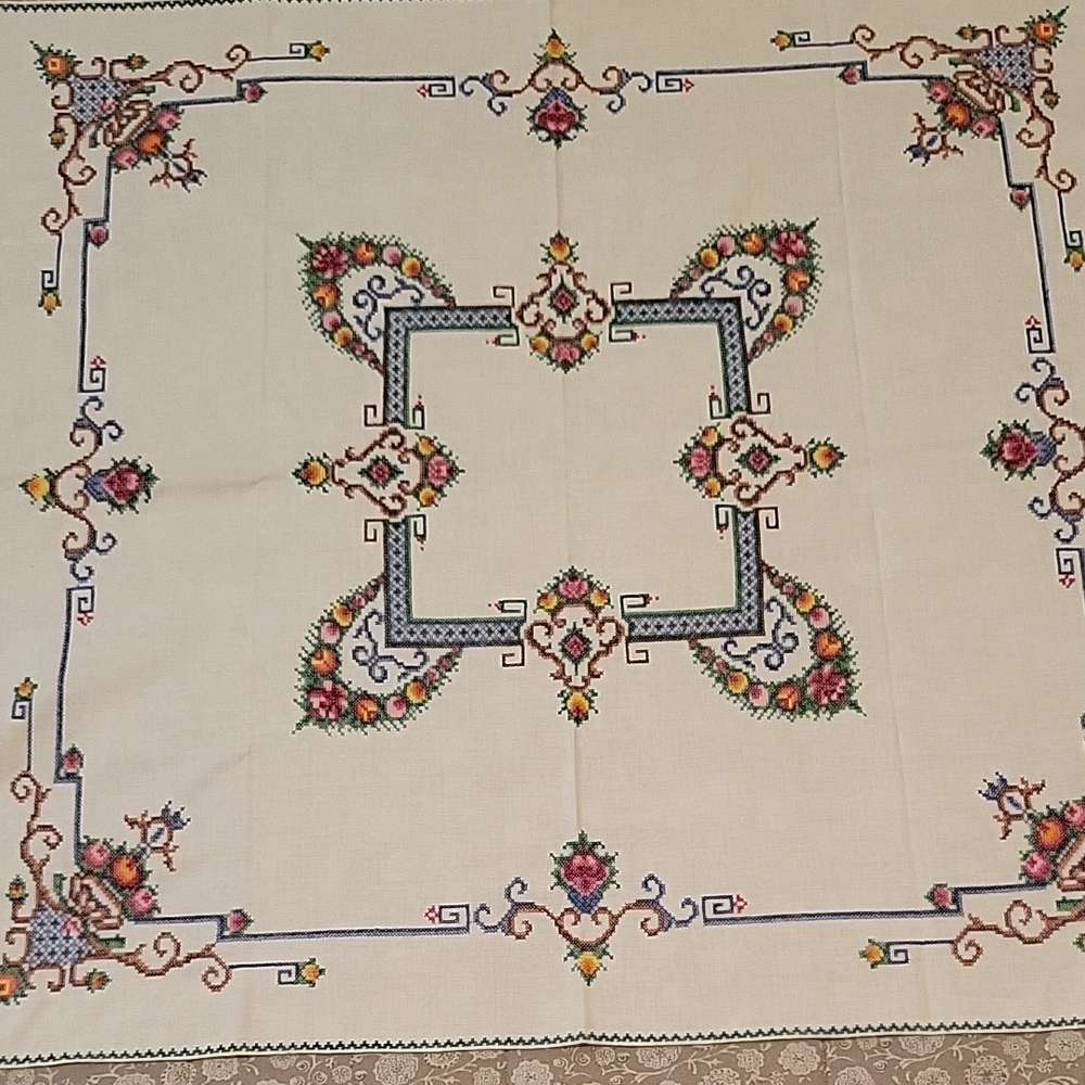 NEW Embroidered Cream Tablecloth with Multicolor Floral Design, 33" Square